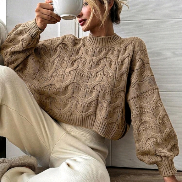 Sweaters - Mock Neck Drop Shoulder Cable Knit Sweater